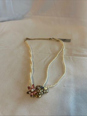 1928 Double-Strand Faux Pearl Necklace with Pink Flower Accent